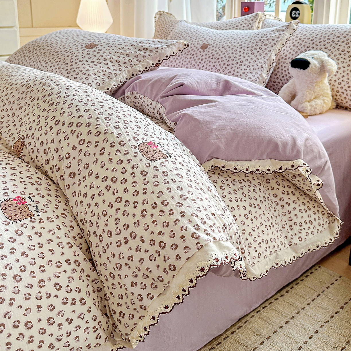 91家纺网 家纺一手货源 找家纺 韩秀家纺 2026新款A类纺棉四件套全棉花边古法水洗棉法式蕾丝花边四件套 怦然心动