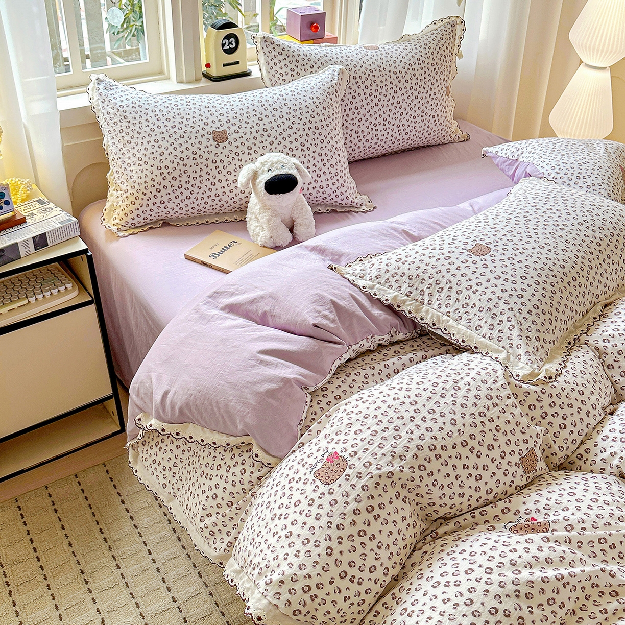 91家纺网 家纺一手货源 找家纺 韩秀家纺 2026新款A类纺棉四件套全棉花边古法水洗棉法式蕾丝花边四件套 怦然心动