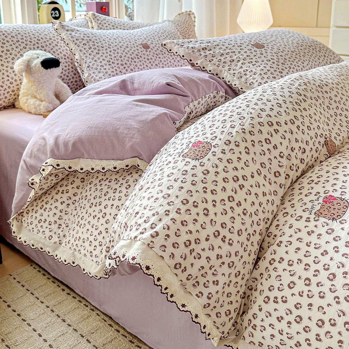 91家纺网 家纺一手货源 找家纺 韩秀家纺 2026新款A类纺棉四件套全棉花边古法水洗棉法式蕾丝花边四件套 怦然心动