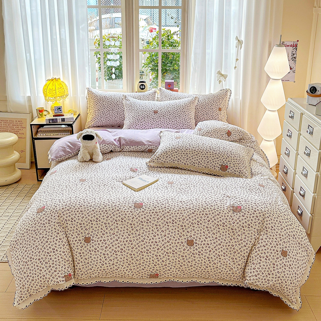 91家纺网 家纺一手货源 找家纺 韩秀家纺 2026新款A类纺棉四件套全棉花边古法水洗棉法式蕾丝花边四件套 怦然心动