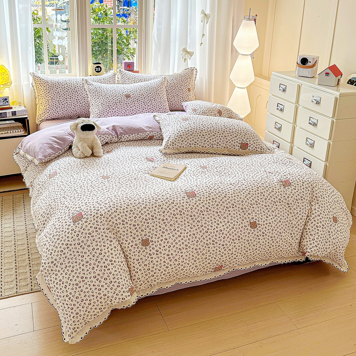 91家纺网 家纺一手货源 找家纺 韩秀家纺 2026新款A类纺棉四件套全棉花边古法水洗棉法式蕾丝花边四件套 怦然心动