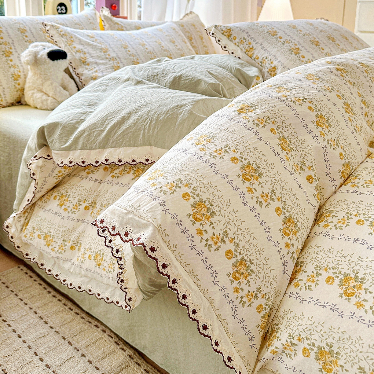 91家纺网 家纺一手货源 找家纺 韩秀家纺 2026新款A类纺棉四件套全棉花边古法水洗棉法式蕾丝花边四件套 青柠薄荷