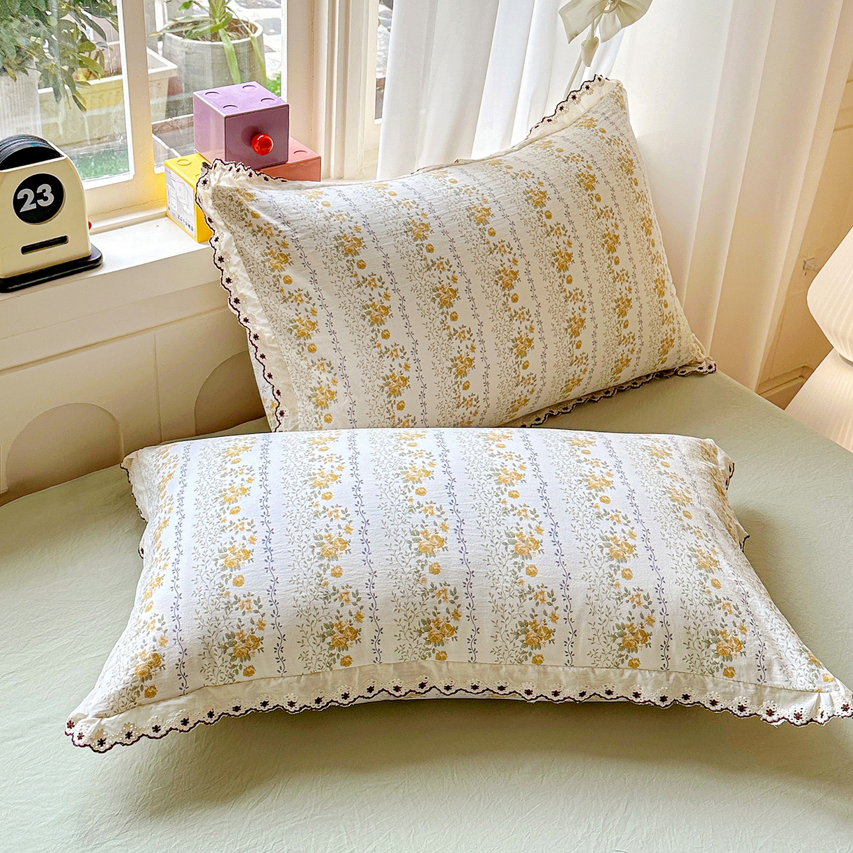 91家纺网 家纺一手货源 找家纺 韩秀家纺 2026新款A类纺棉四件套全棉花边古法水洗棉法式蕾丝花边四件套 青柠薄荷