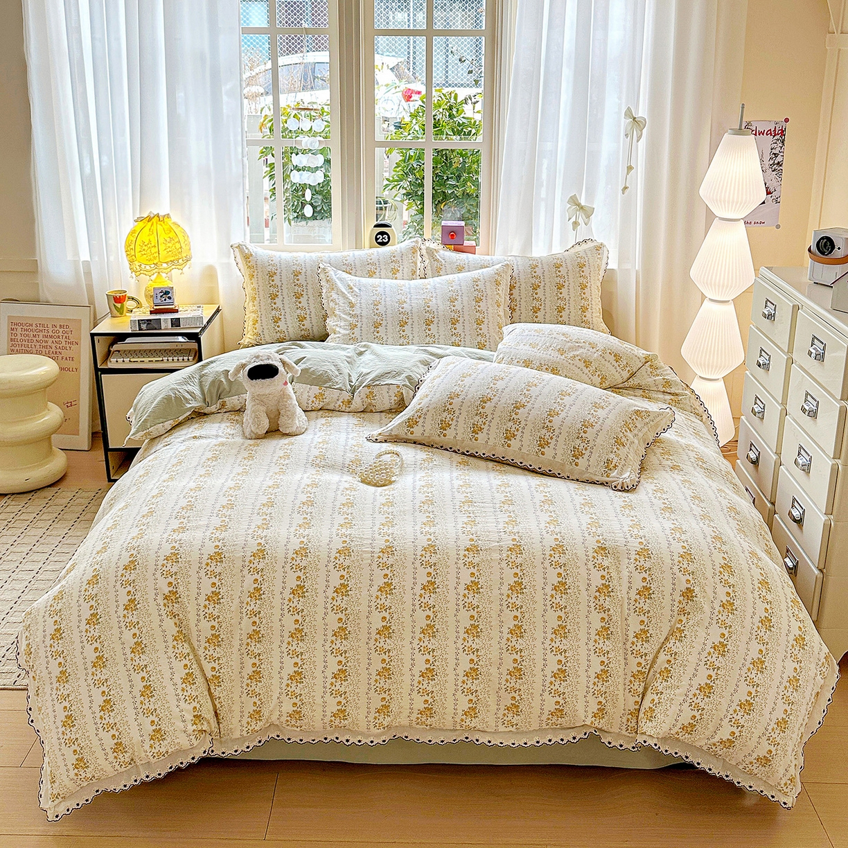 91家纺网 家纺一手货源 找家纺 韩秀家纺 2026新款A类纺棉四件套全棉花边古法水洗棉法式蕾丝花边四件套 青柠薄荷