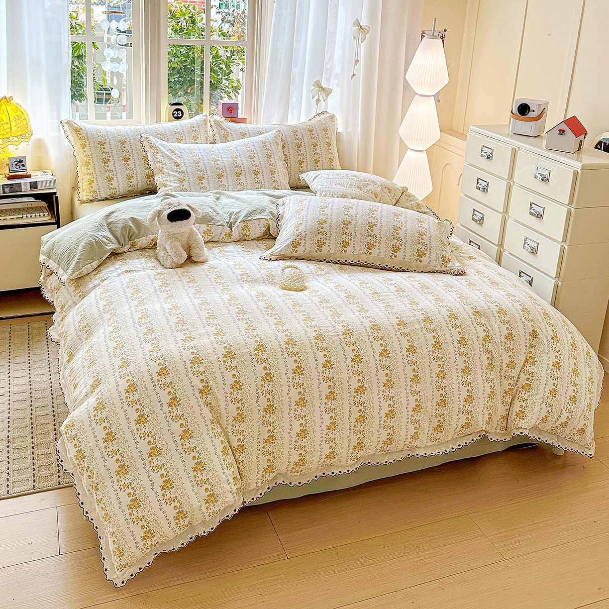 91家纺网 家纺一手货源 找家纺 韩秀家纺 2026新款A类纺棉四件套全棉花边古法水洗棉法式蕾丝花边四件套 青柠薄荷