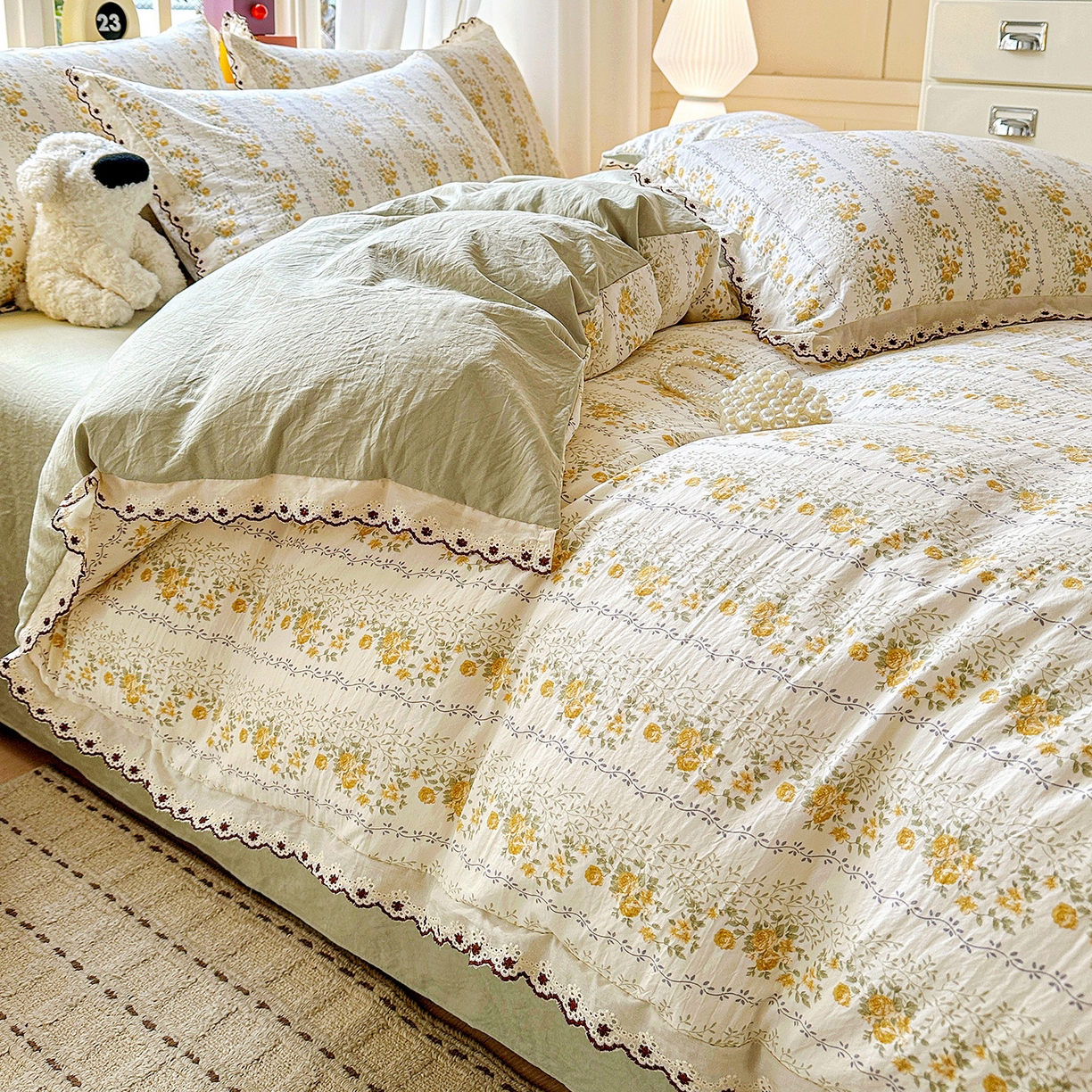 91家纺网 家纺一手货源 找家纺 韩秀家纺 2026新款A类纺棉四件套全棉花边古法水洗棉法式蕾丝花边四件套 青柠薄荷