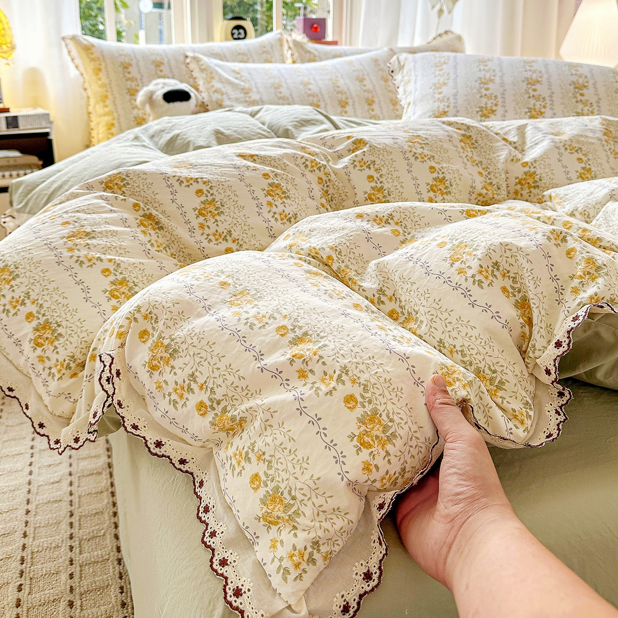 91家纺网 家纺一手货源 找家纺 韩秀家纺 2026新款A类纺棉四件套全棉花边古法水洗棉法式蕾丝花边四件套 青柠薄荷