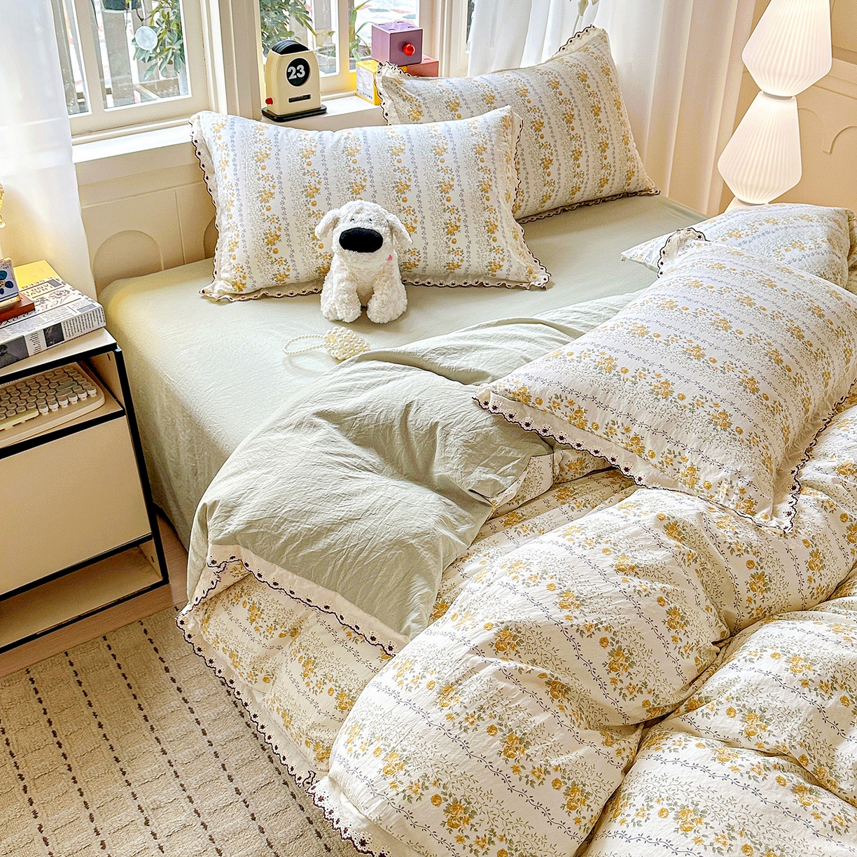 91家纺网 家纺一手货源 找家纺 韩秀家纺 2026新款A类纺棉四件套全棉花边古法水洗棉法式蕾丝花边四件套 青柠薄荷