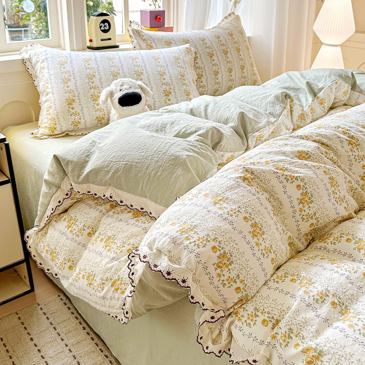 91家纺网 家纺一手货源 找家纺 韩秀家纺 2026新款A类纺棉四件套全棉花边古法水洗棉法式蕾丝花边四件套 青柠薄荷