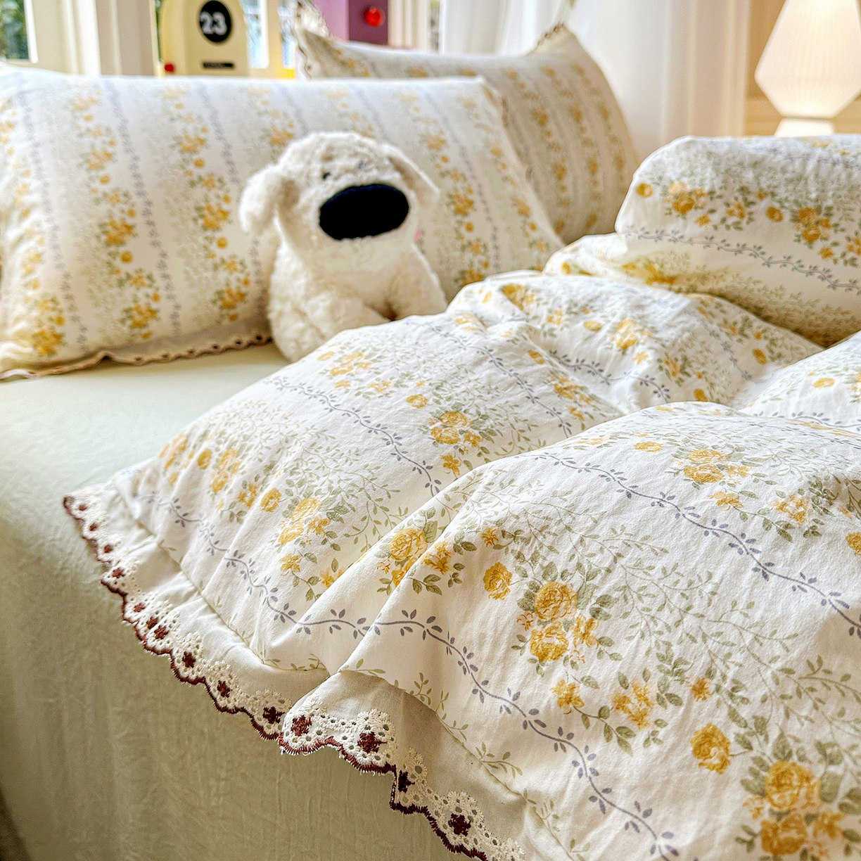 91家纺网 家纺一手货源 找家纺 韩秀家纺 2026新款A类纺棉四件套全棉花边古法水洗棉法式蕾丝花边四件套 青柠薄荷