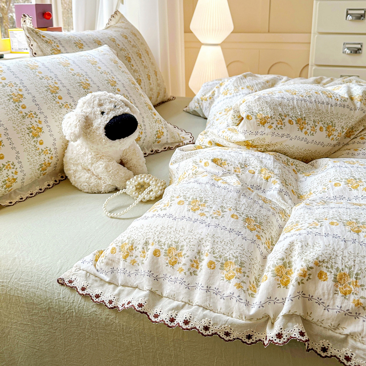 91家纺网 家纺一手货源 找家纺 韩秀家纺 2026新款A类纺棉四件套全棉花边古法水洗棉法式蕾丝花边四件套 青柠薄荷