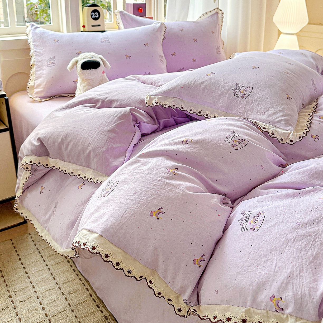 韩秀家纺 2026新款A类纺棉四件套全棉花边古法水洗棉法式蕾丝花边四件套 旋转木马