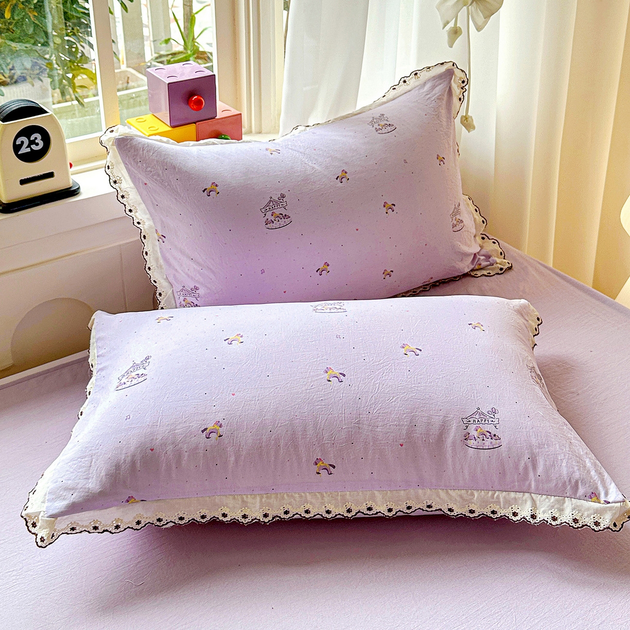 91家纺网 家纺一手货源 找家纺 韩秀家纺 2026新款A类纺棉四件套全棉花边古法水洗棉法式蕾丝花边四件套 旋转木马