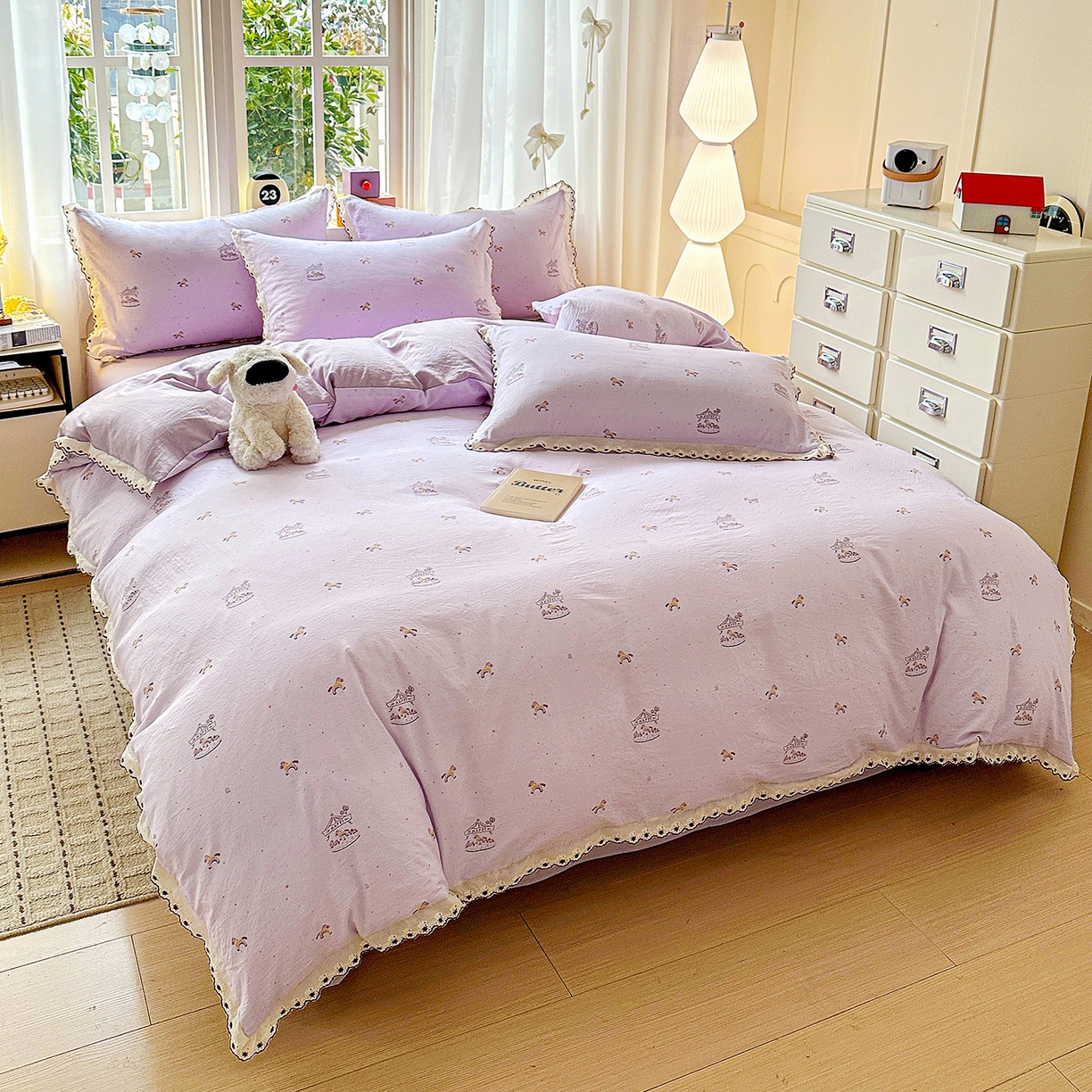 91家纺网 家纺一手货源 找家纺 韩秀家纺 2026新款A类纺棉四件套全棉花边古法水洗棉法式蕾丝花边四件套 旋转木马