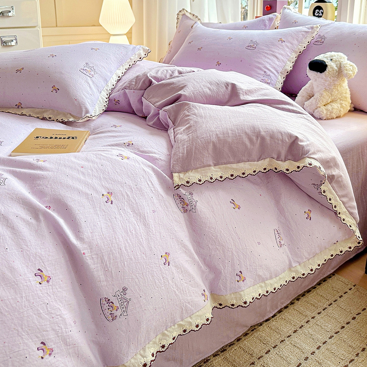 91家纺网 家纺一手货源 找家纺 韩秀家纺 2026新款A类纺棉四件套全棉花边古法水洗棉法式蕾丝花边四件套 旋转木马