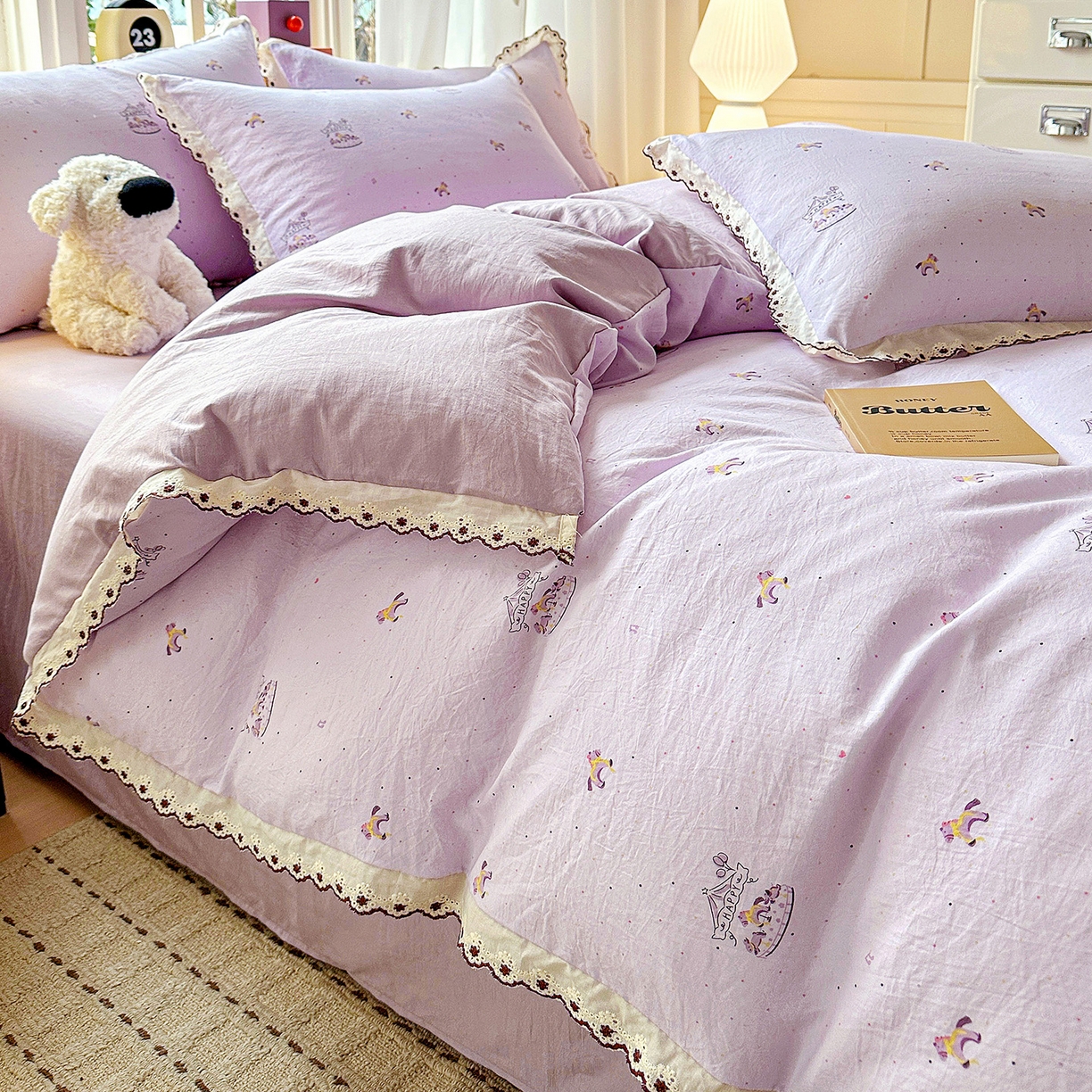 91家纺网 家纺一手货源 找家纺 韩秀家纺 2026新款A类纺棉四件套全棉花边古法水洗棉法式蕾丝花边四件套 旋转木马