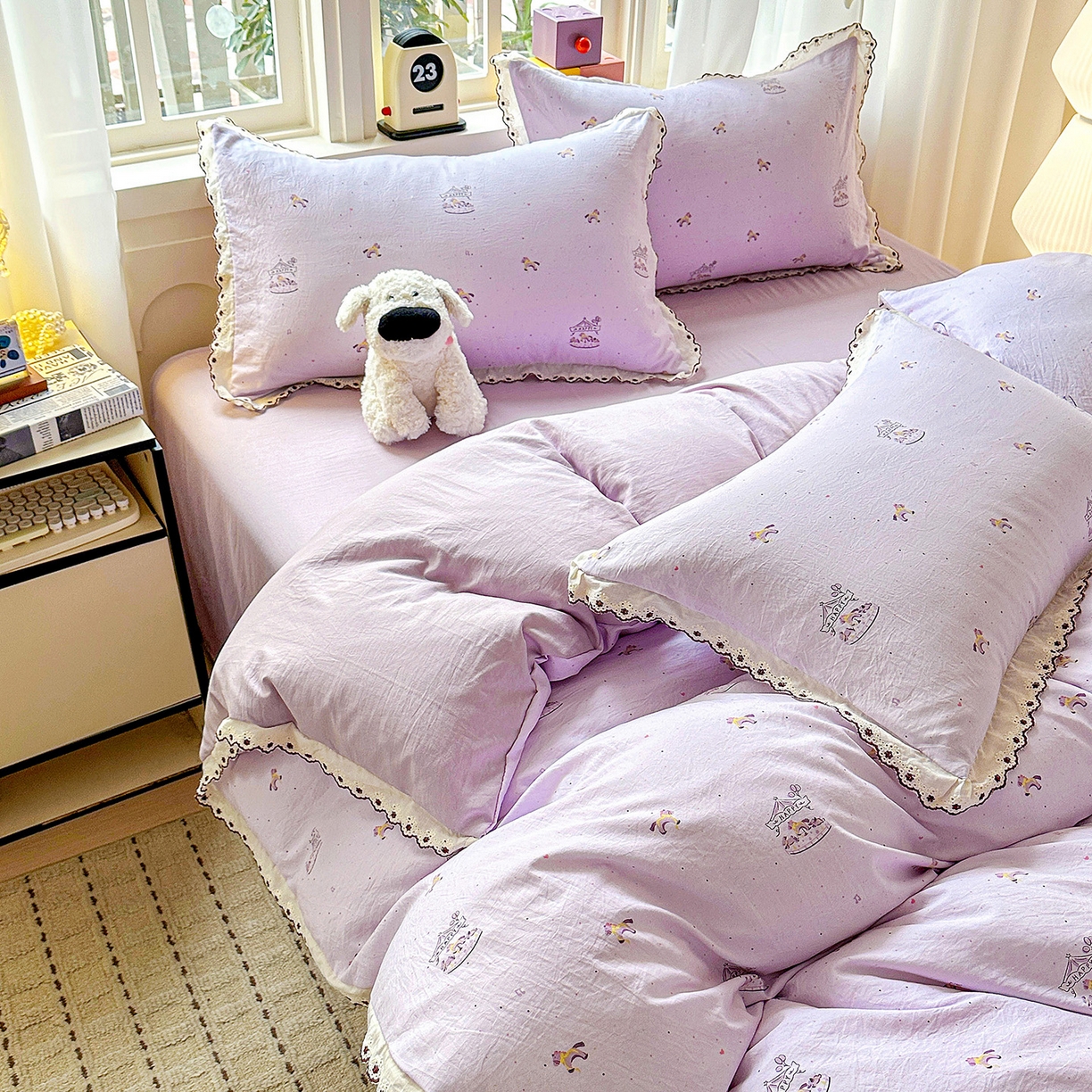 91家纺网 家纺一手货源 找家纺 韩秀家纺 2026新款A类纺棉四件套全棉花边古法水洗棉法式蕾丝花边四件套 旋转木马