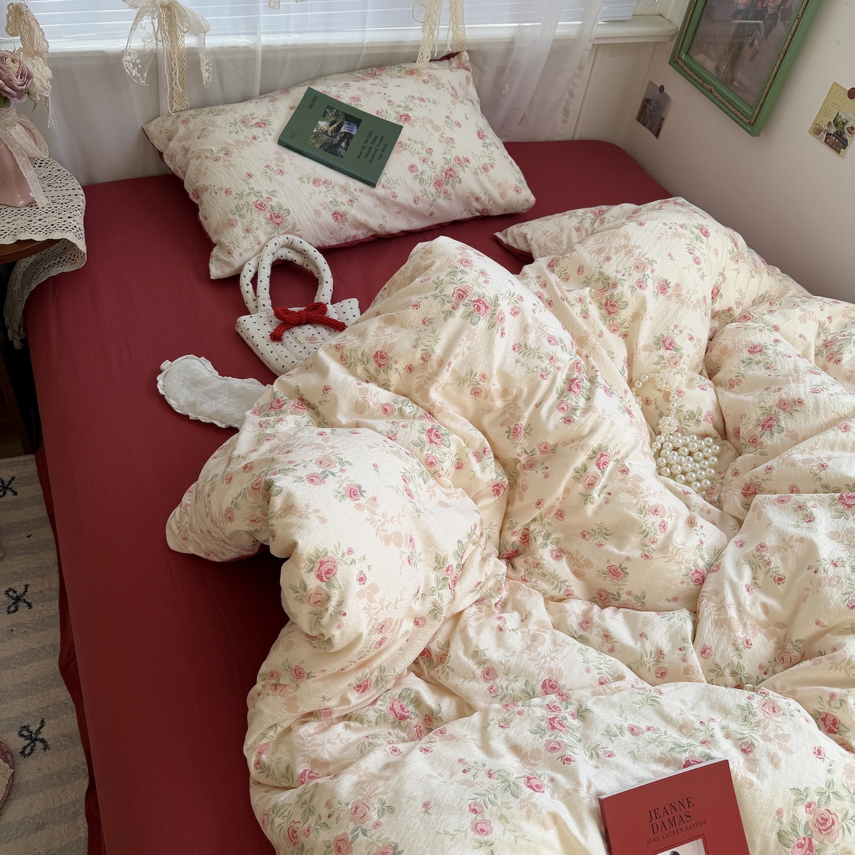 91家纺网 家纺一手货源 找家纺 （总）原素 2026新春ins博主风双拼小碎花花卉水洗棉纱四件套