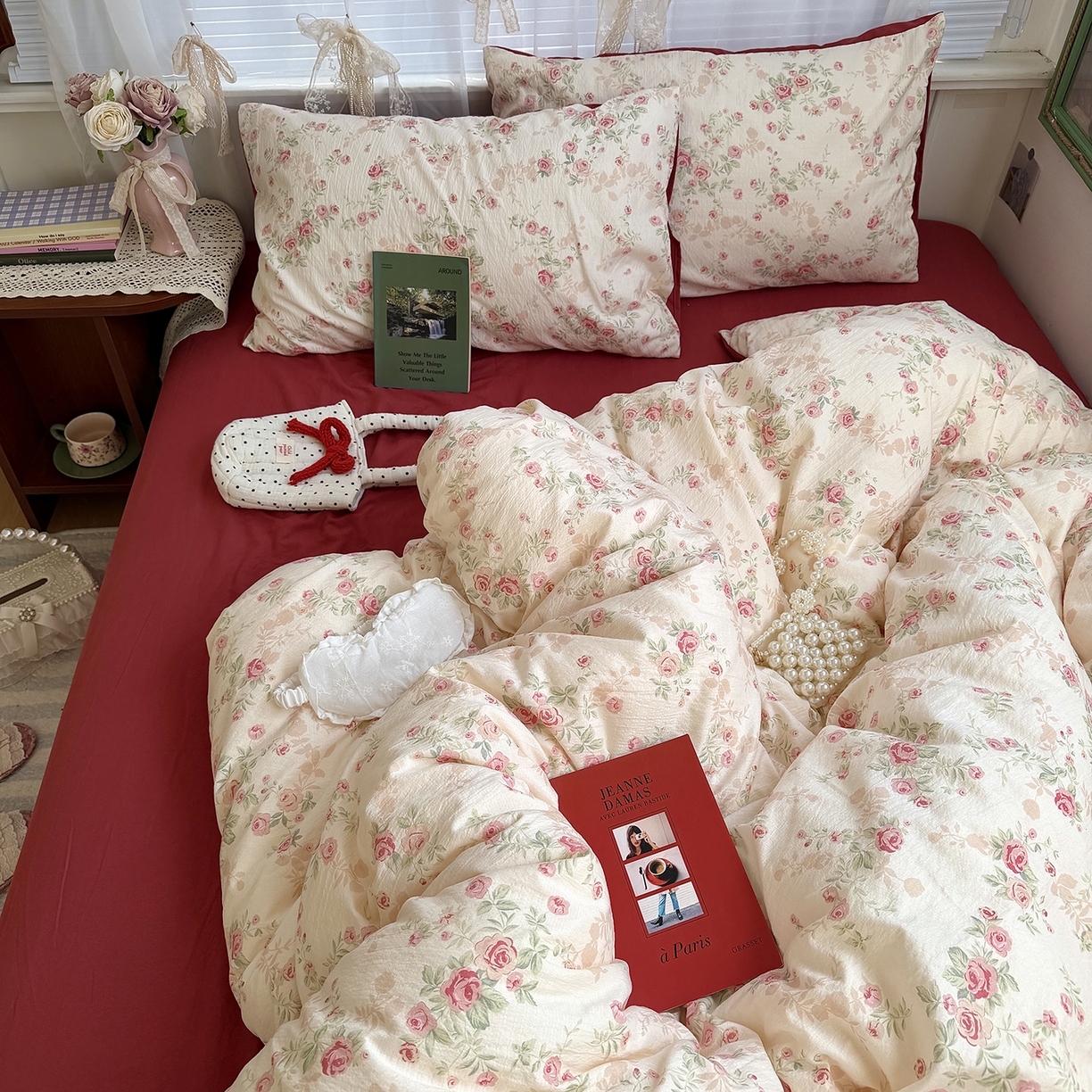 91家纺网 家纺一手货源 找家纺 （总）原素 2026新春ins博主风双拼小碎花花卉水洗棉纱四件套