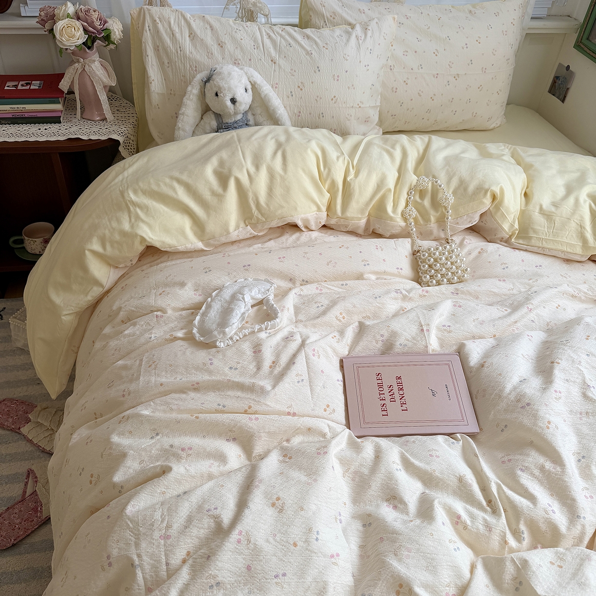 91家纺网 家纺一手货源 找家纺 （总）原素 2026新春ins博主风双拼小碎花花卉水洗棉纱四件套