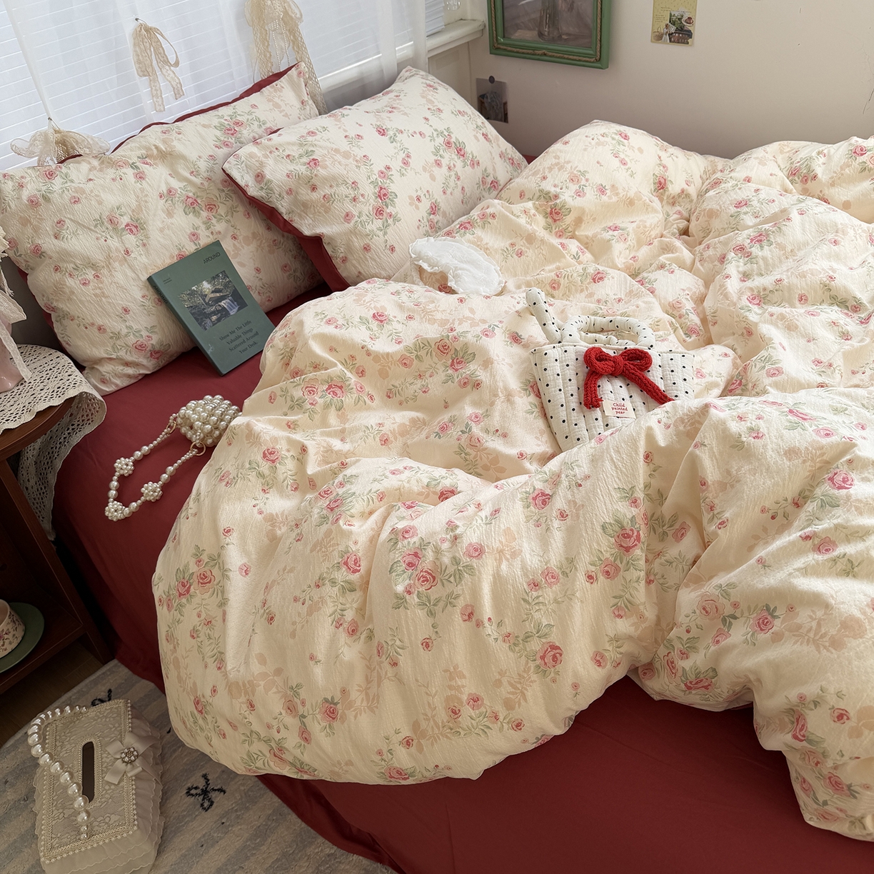 91家纺网 家纺一手货源 找家纺 （总）原素 2026新春ins博主风双拼小碎花花卉水洗棉纱四件套