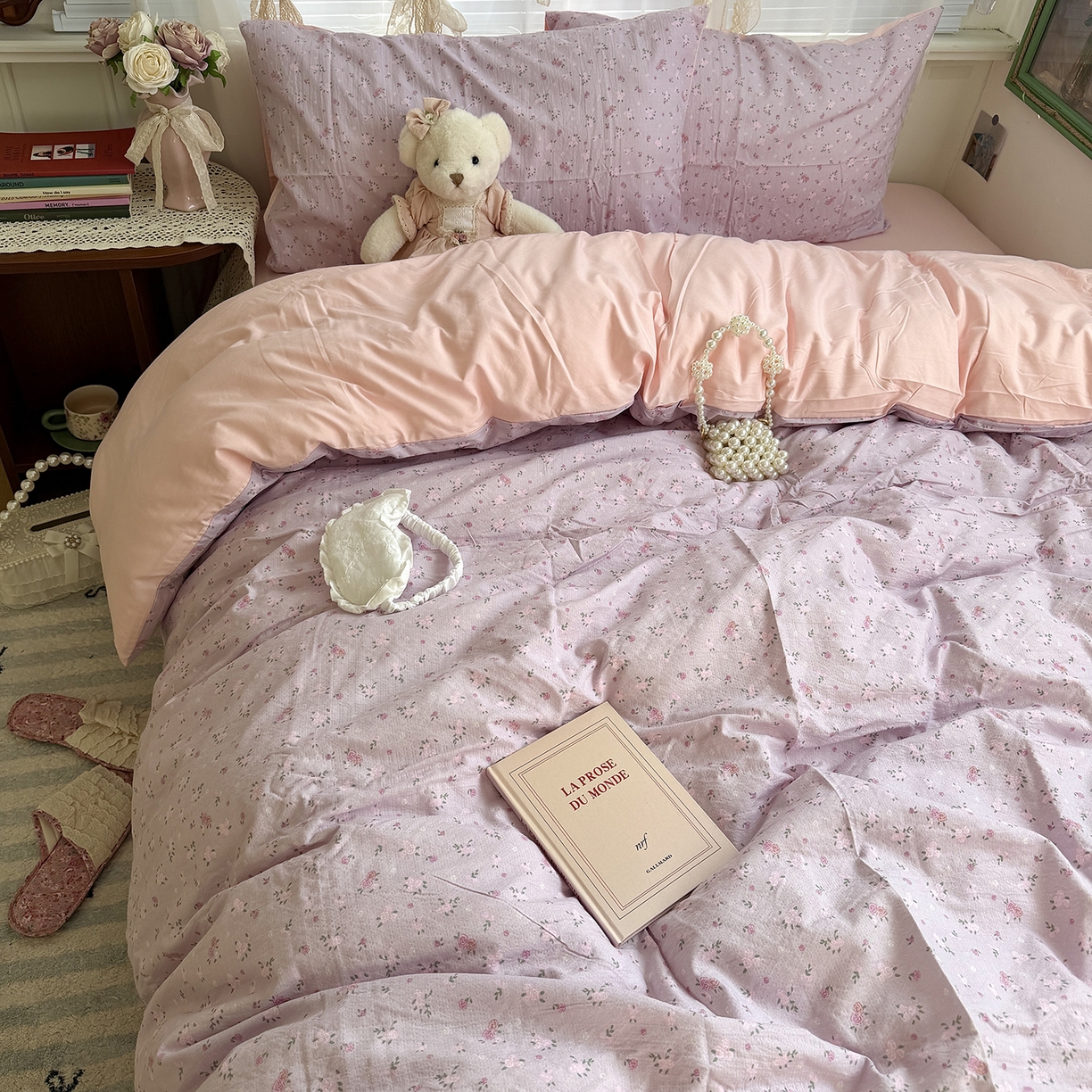 91家纺网 家纺一手货源 找家纺 （总）原素 2026新春ins博主风双拼小碎花花卉水洗棉纱四件套