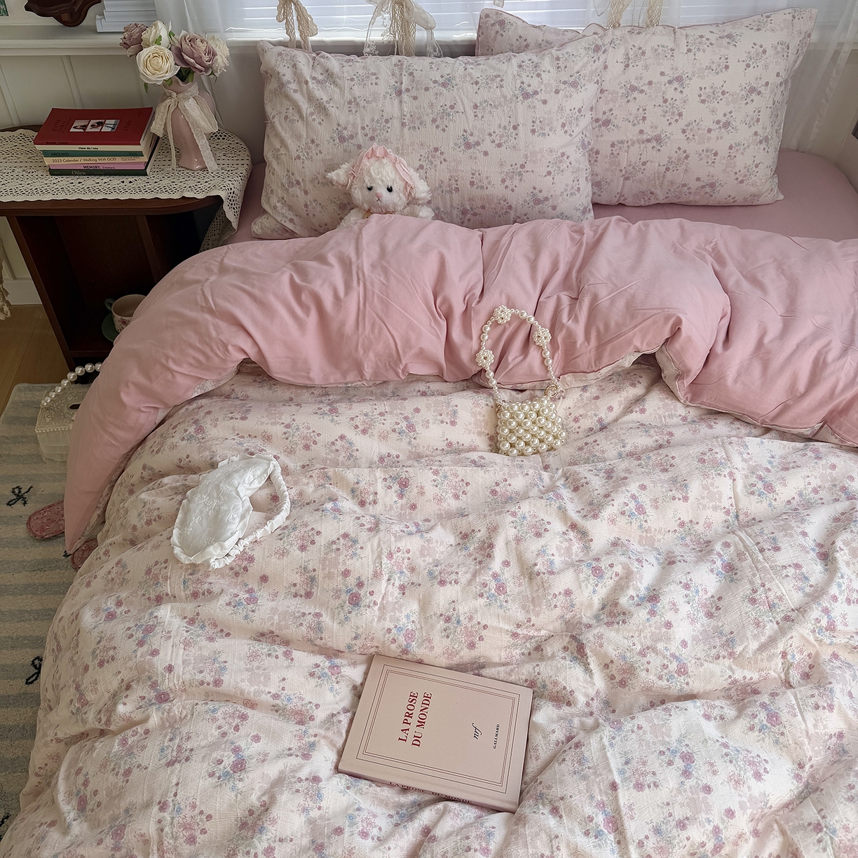 91家纺网 家纺一手货源 找家纺 （总）原素 2026新春ins博主风双拼小碎花花卉水洗棉纱四件套