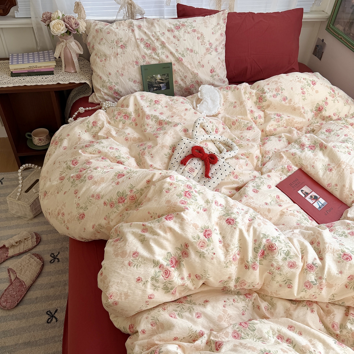 91家纺网 家纺一手货源 找家纺 （总）原素 2026新春ins博主风双拼小碎花花卉水洗棉纱四件套