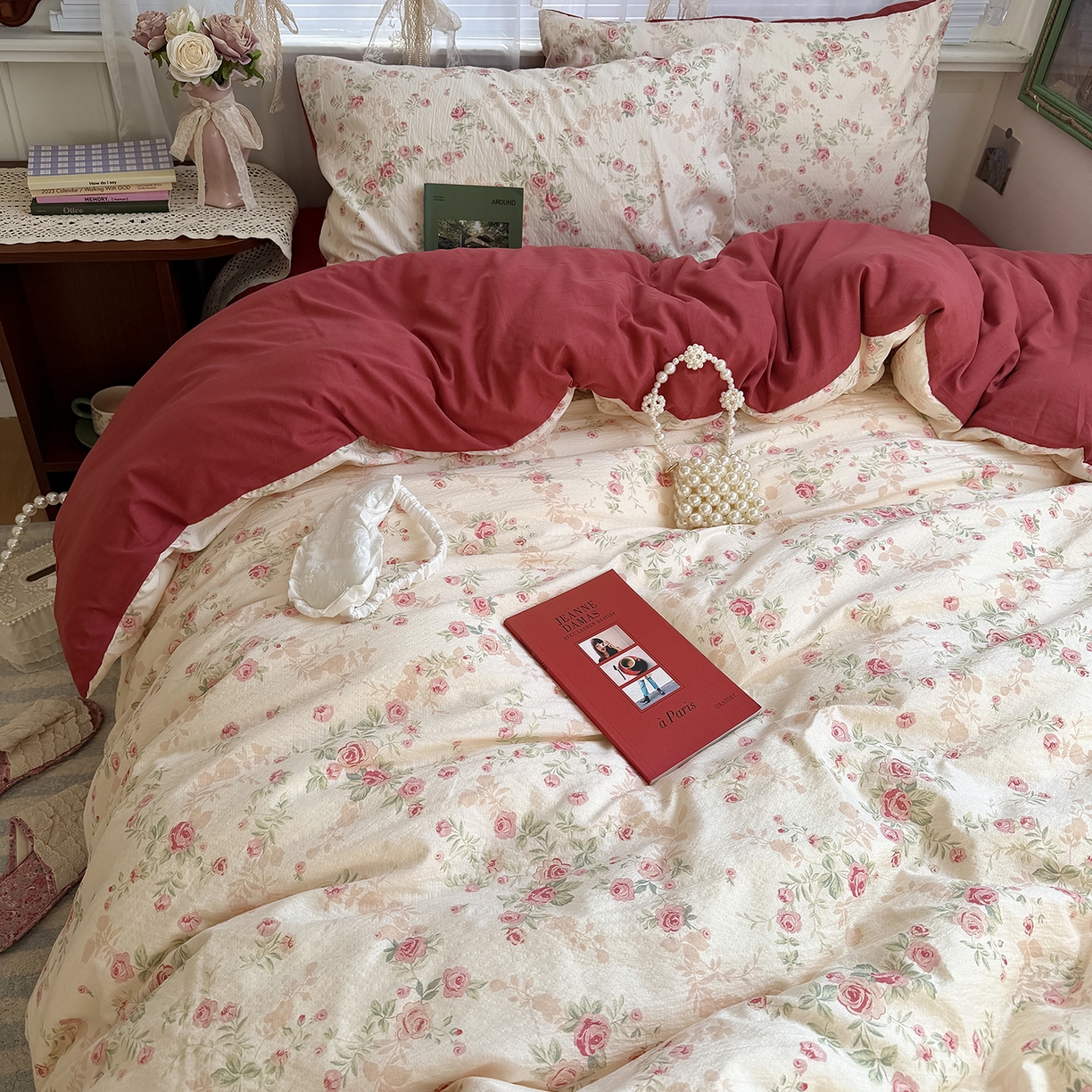 91家纺网 家纺一手货源 找家纺 （总）原素 2026新春ins博主风双拼小碎花花卉水洗棉纱四件套