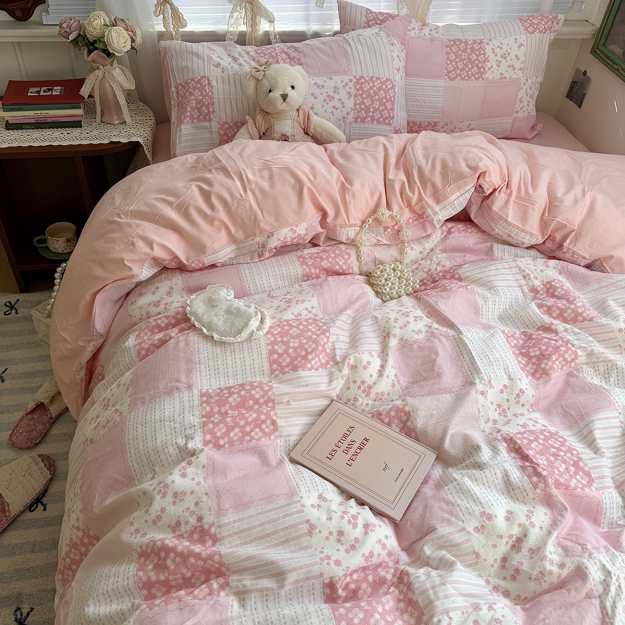 91家纺网 家纺一手货源 找家纺 （总）原素 2026新春ins博主风双拼小碎花花卉水洗棉纱四件套