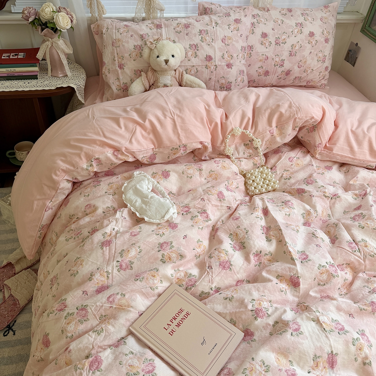 91家纺网 家纺一手货源 找家纺 （总）原素 2026新春ins博主风双拼小碎花花卉水洗棉纱四件套