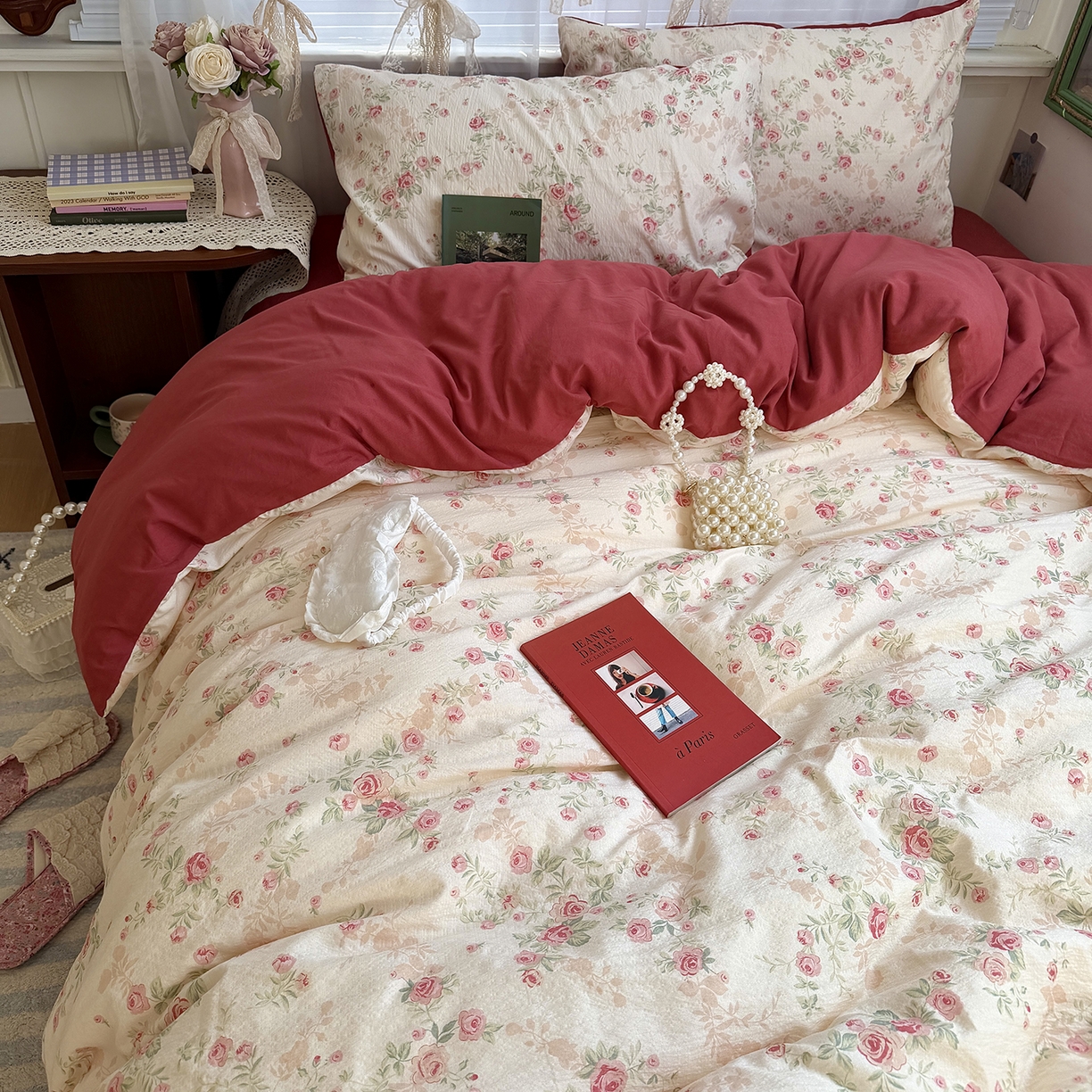 91家纺网 家纺一手货源 找家纺 （总）原素 2026新春ins博主风双拼小碎花花卉水洗棉纱四件套