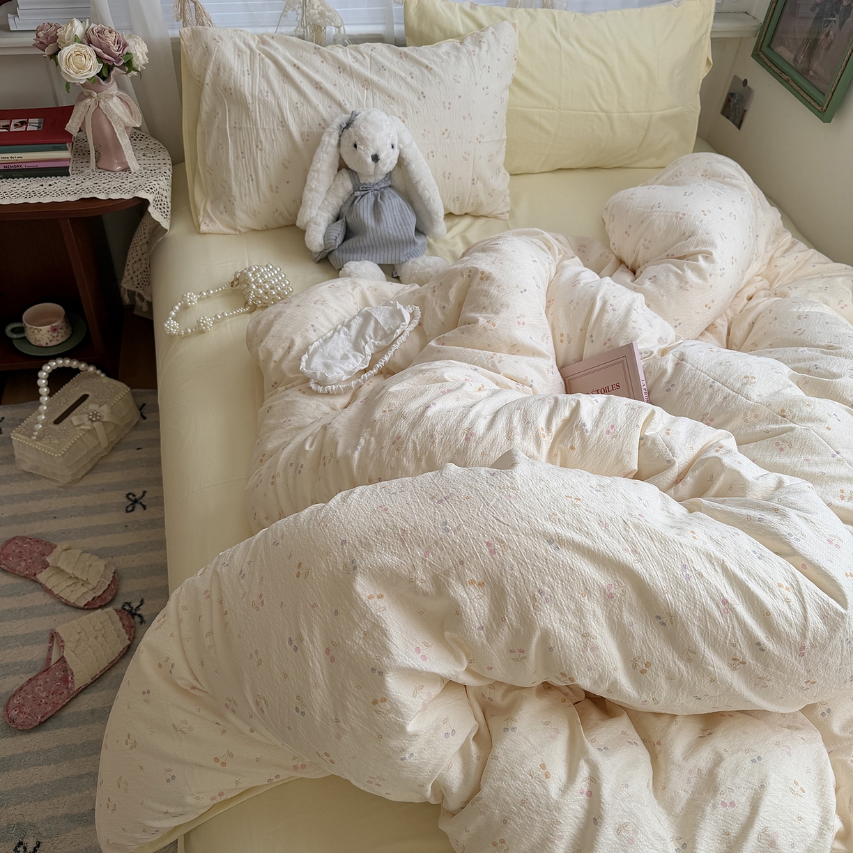 91家纺网 家纺一手货源 找家纺 原素 2026新春ins博主风双拼小碎花花卉水洗棉纱四件套 彩色樱桃