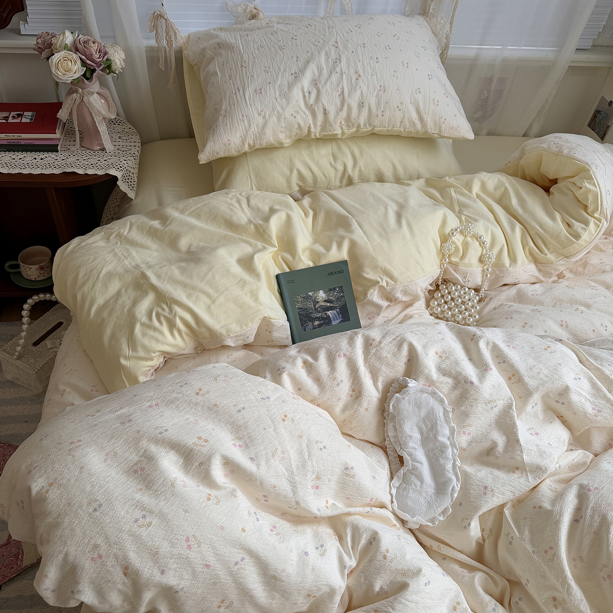 91家纺网 家纺一手货源 找家纺 原素 2026新春ins博主风双拼小碎花花卉水洗棉纱四件套 彩色樱桃