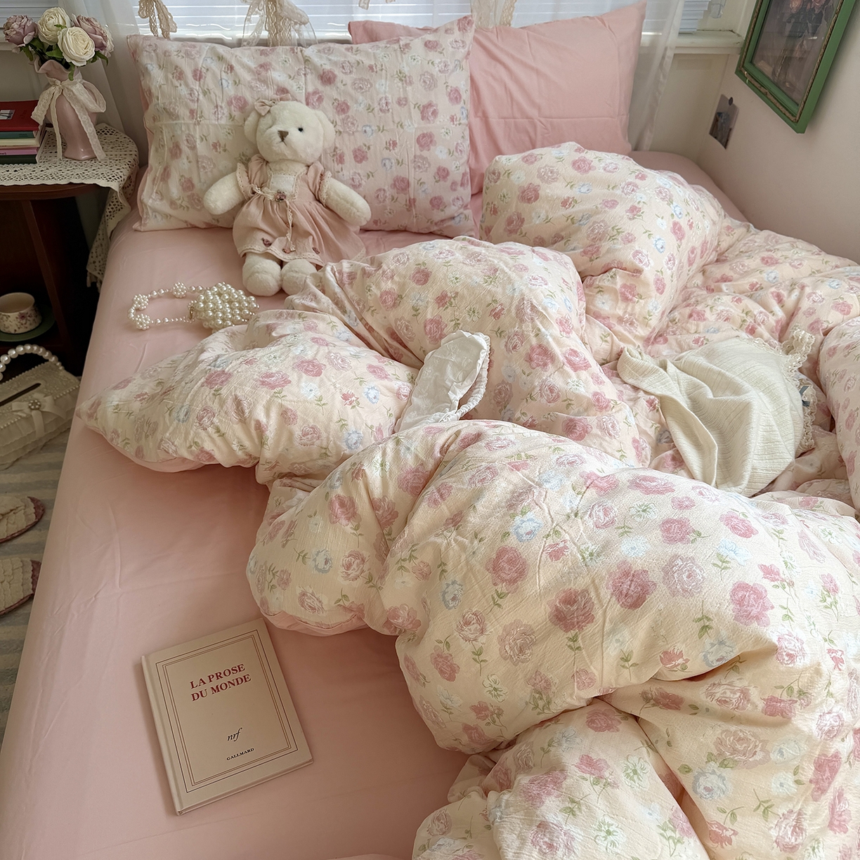 91家纺网 家纺一手货源 找家纺 原素 2026新春ins博主风双拼小碎花花卉水洗棉纱四件套 粉妍