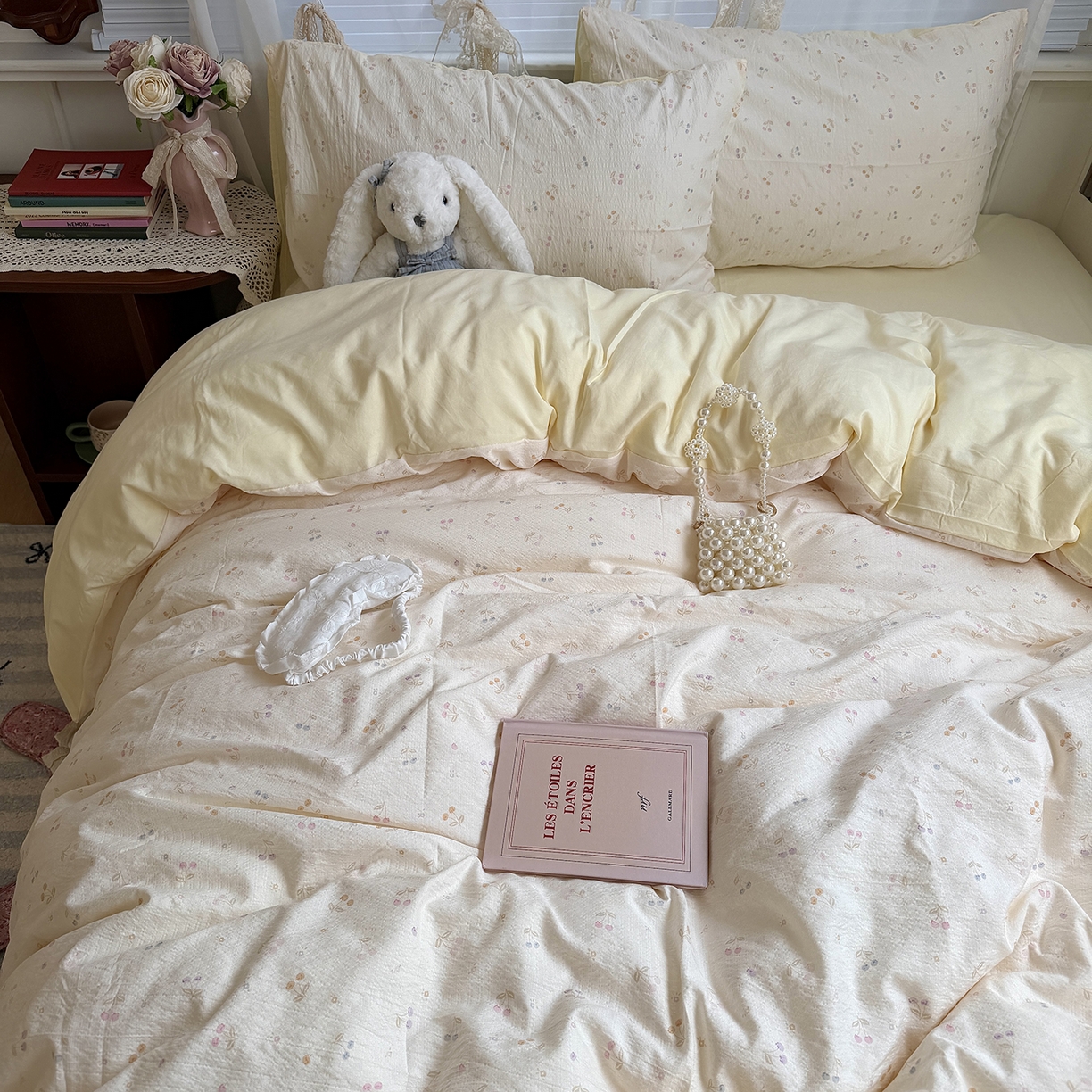 91家纺网 家纺一手货源 找家纺 原素 2026新春ins博主风双拼小碎花花卉水洗棉纱四件套 彩色樱桃