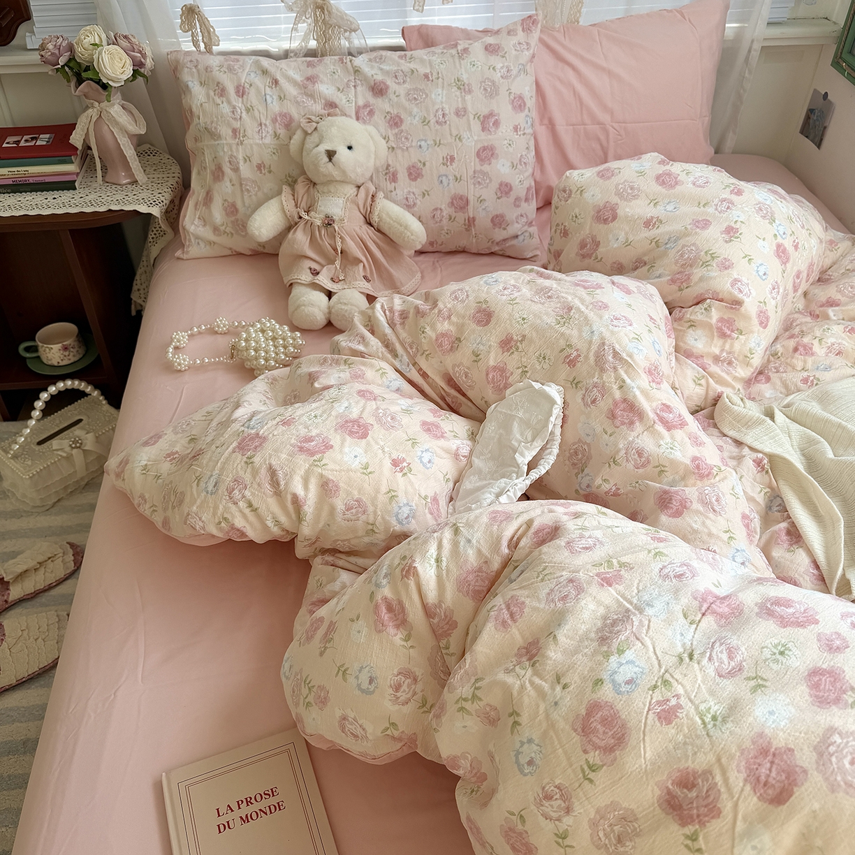 91家纺网 家纺一手货源 找家纺 原素 2026新春ins博主风双拼小碎花花卉水洗棉纱四件套 粉妍