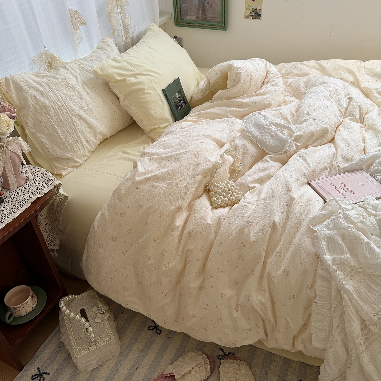 91家纺网 家纺一手货源 找家纺 原素 2026新春ins博主风双拼小碎花花卉水洗棉纱四件套 彩色樱桃