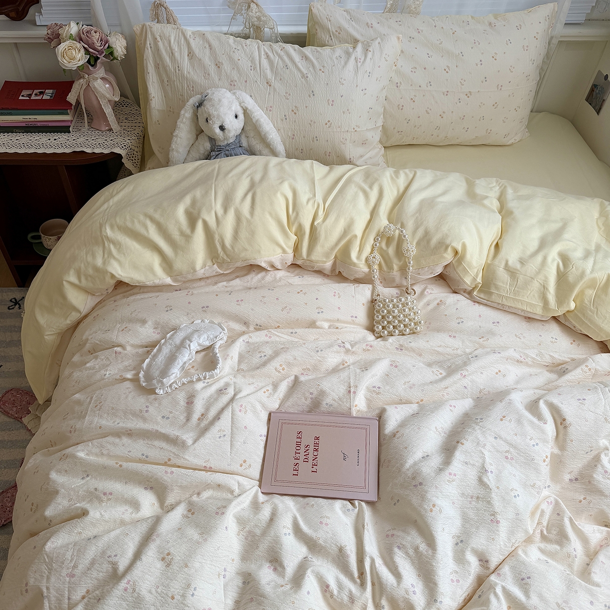 91家纺网 家纺一手货源 找家纺 原素 2026新春ins博主风双拼小碎花花卉水洗棉纱四件套 彩色樱桃