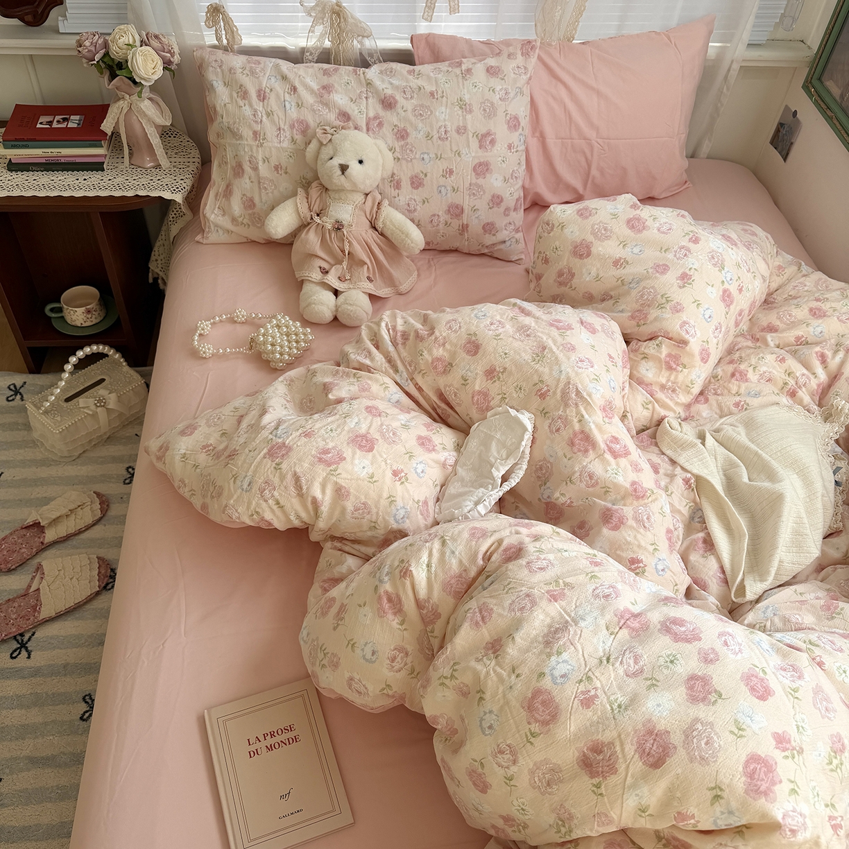 91家纺网 家纺一手货源 找家纺 原素 2026新春ins博主风双拼小碎花花卉水洗棉纱四件套 粉妍