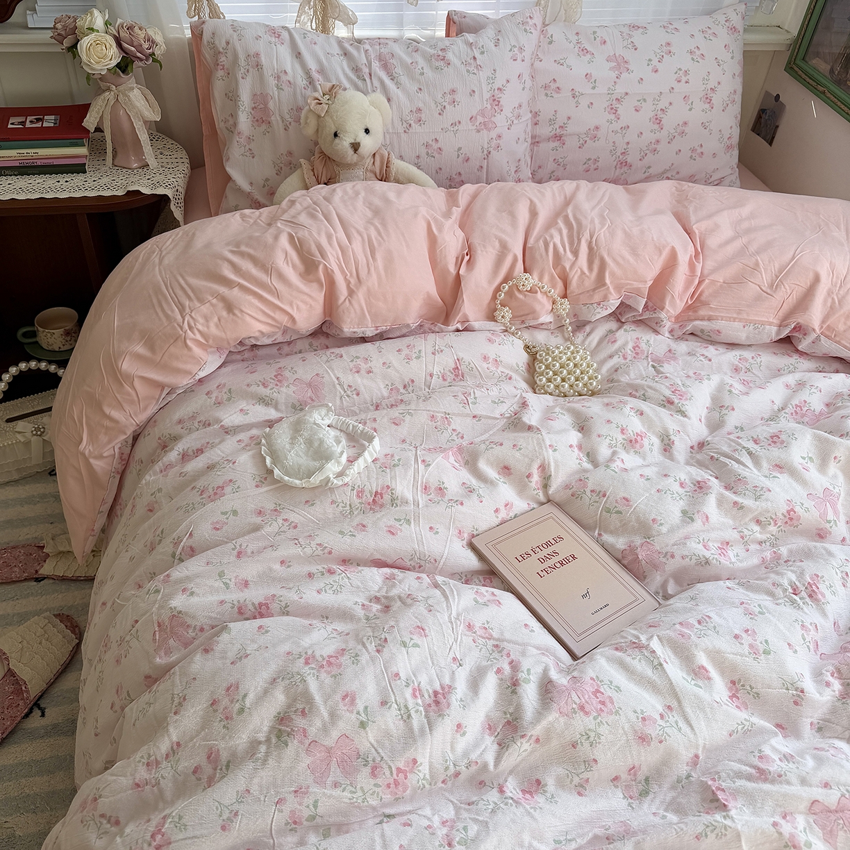 91家纺网 家纺一手货源 找家纺 原素 2026新春ins博主风双拼小碎花花卉水洗棉纱四件套 粉嫩蝴蝶结