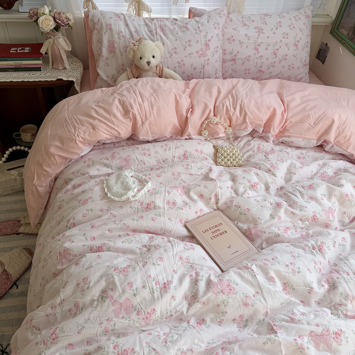 原素 2026新春ins博主风双拼小碎花花卉水洗棉纱四件套 粉嫩蝴蝶结