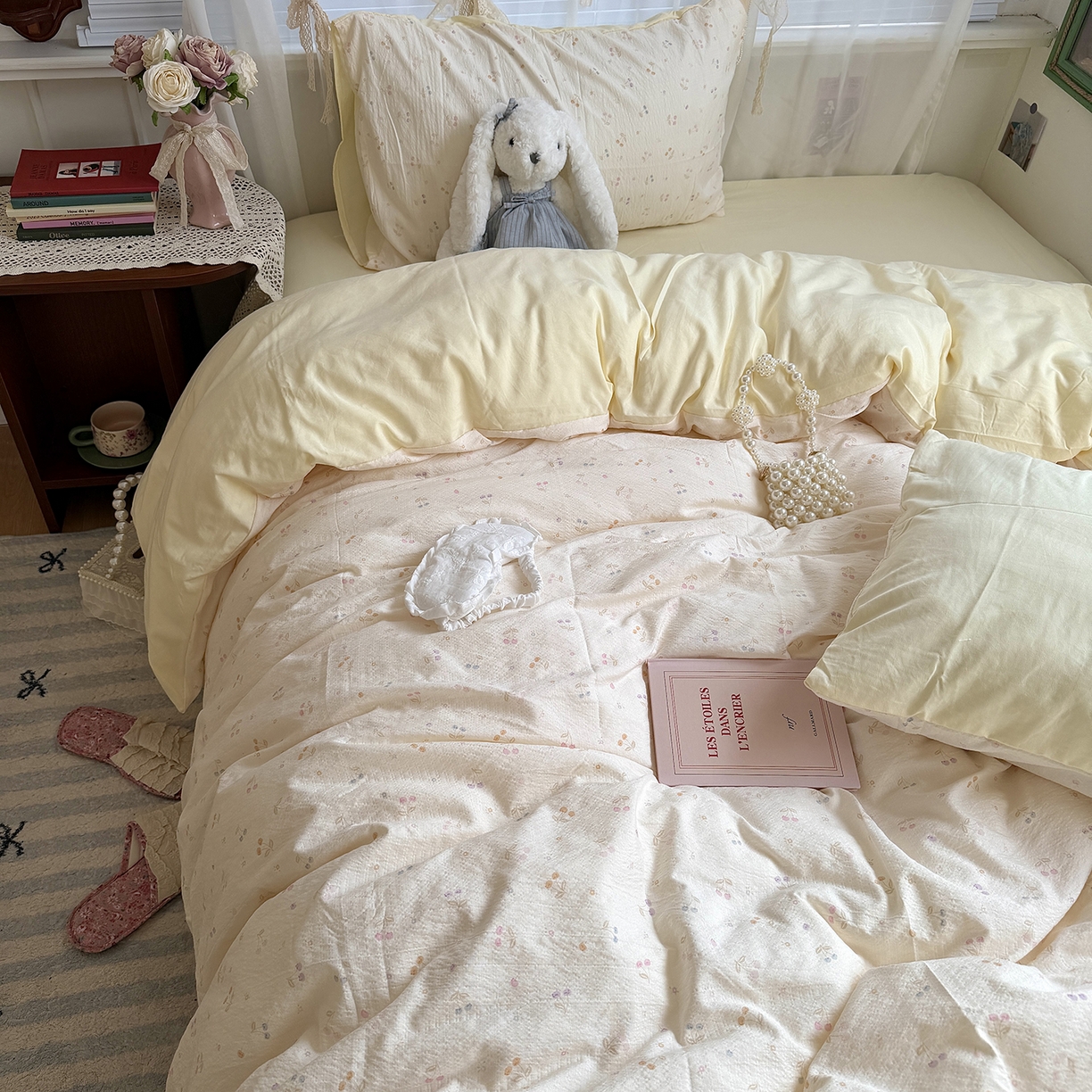 91家纺网 家纺一手货源 找家纺 原素 2026新春ins博主风双拼小碎花花卉水洗棉纱四件套 彩色樱桃