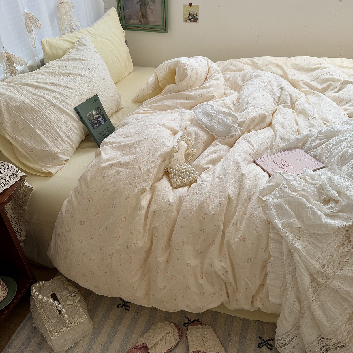 91家纺网 家纺一手货源 找家纺 原素 2026新春ins博主风双拼小碎花花卉水洗棉纱四件套 彩色樱桃