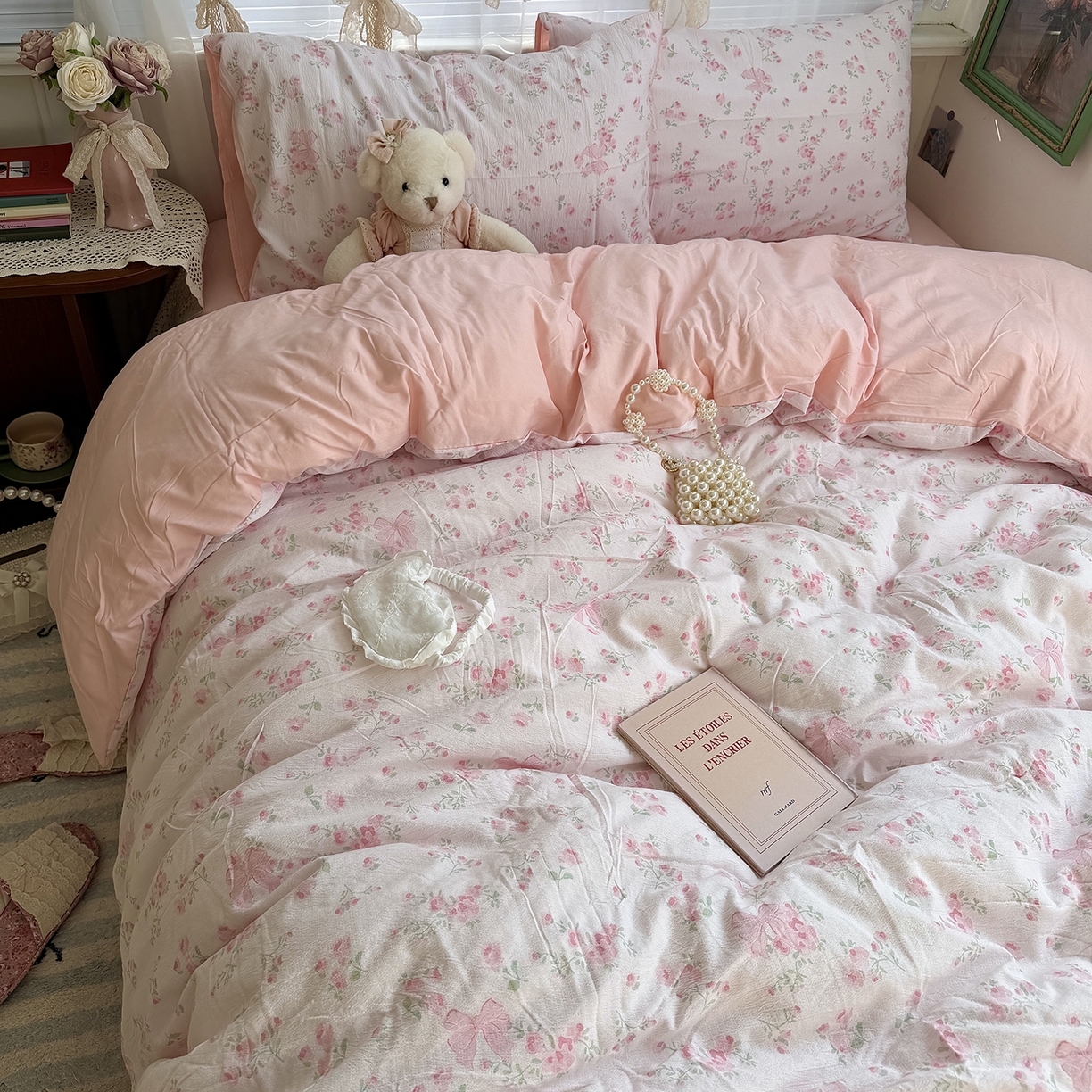 91家纺网 家纺一手货源 找家纺 原素 2026新春ins博主风双拼小碎花花卉水洗棉纱四件套 粉嫩蝴蝶结