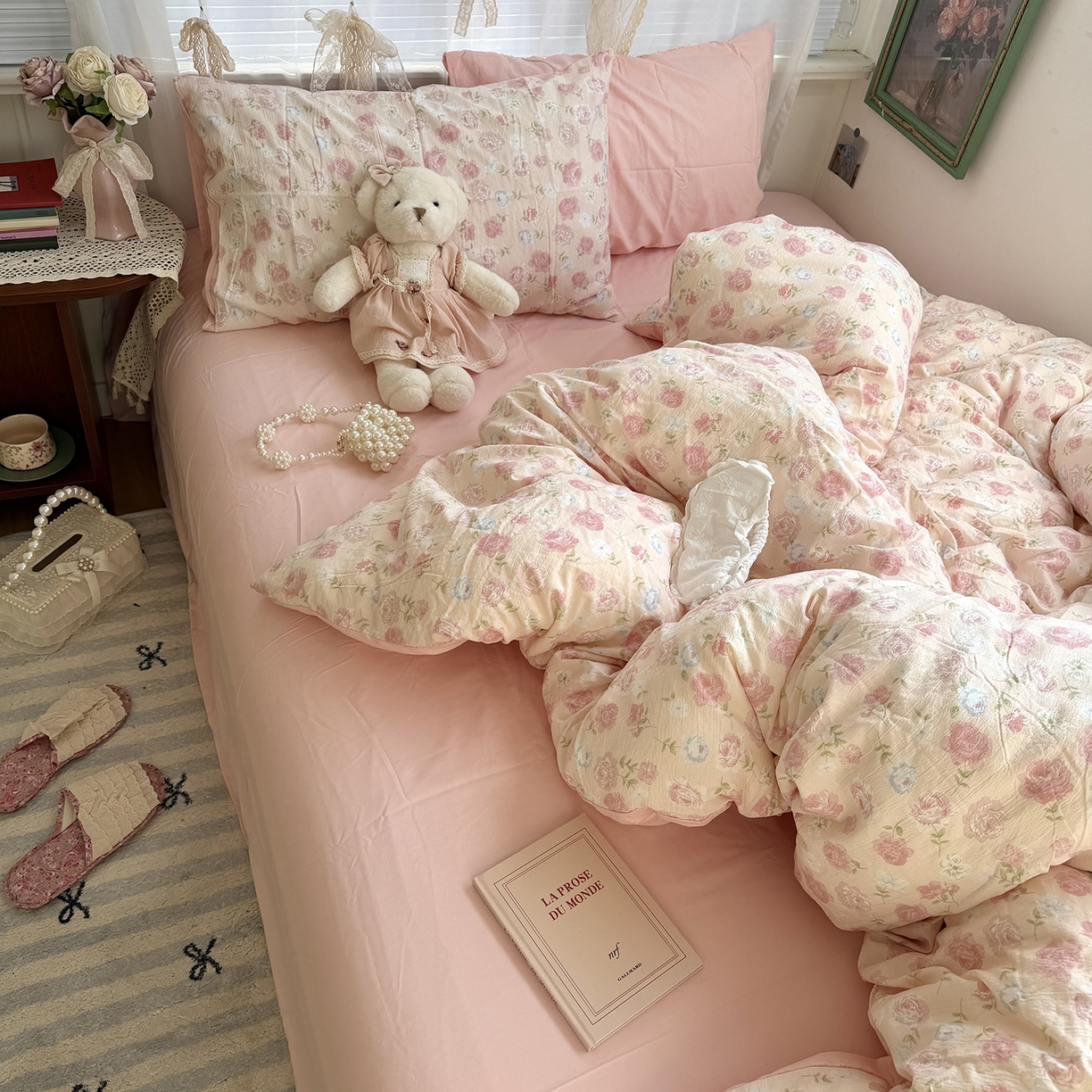 91家纺网 家纺一手货源 找家纺 原素 2026新春ins博主风双拼小碎花花卉水洗棉纱四件套 粉妍