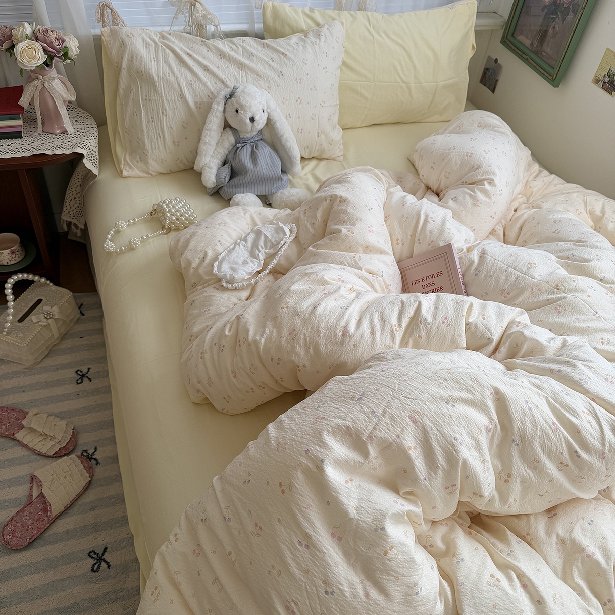 91家纺网 家纺一手货源 找家纺 原素 2026新春ins博主风双拼小碎花花卉水洗棉纱四件套 彩色樱桃