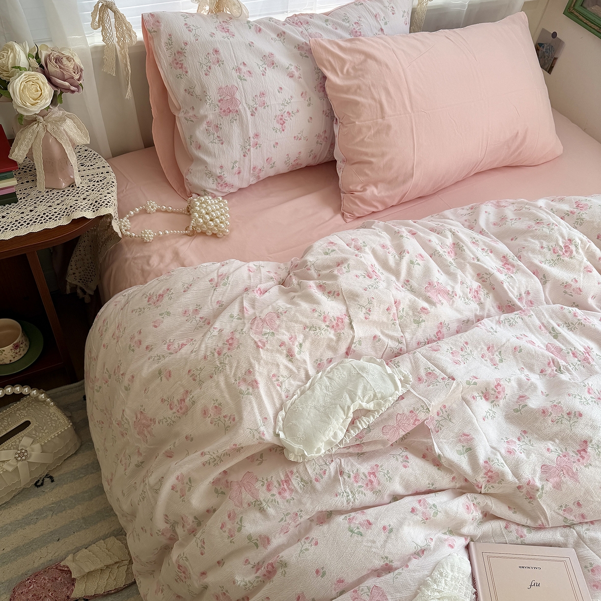 91家纺网 家纺一手货源 找家纺 原素 2026新春ins博主风双拼小碎花花卉水洗棉纱四件套 粉嫩蝴蝶结