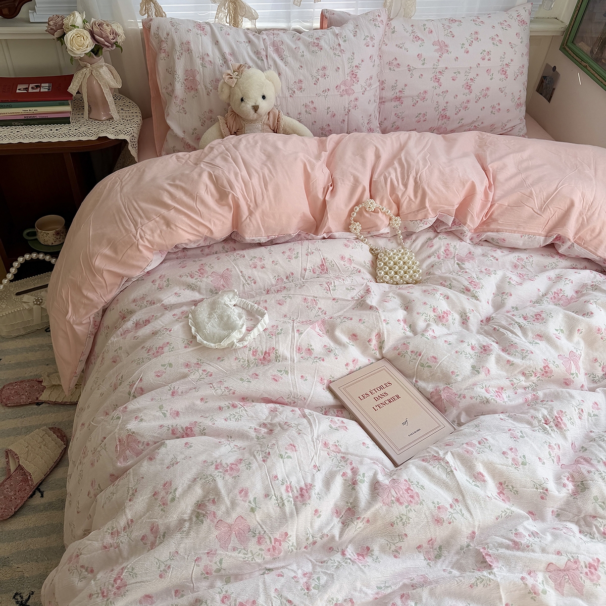 91家纺网 家纺一手货源 找家纺 原素 2026新春ins博主风双拼小碎花花卉水洗棉纱四件套 粉嫩蝴蝶结