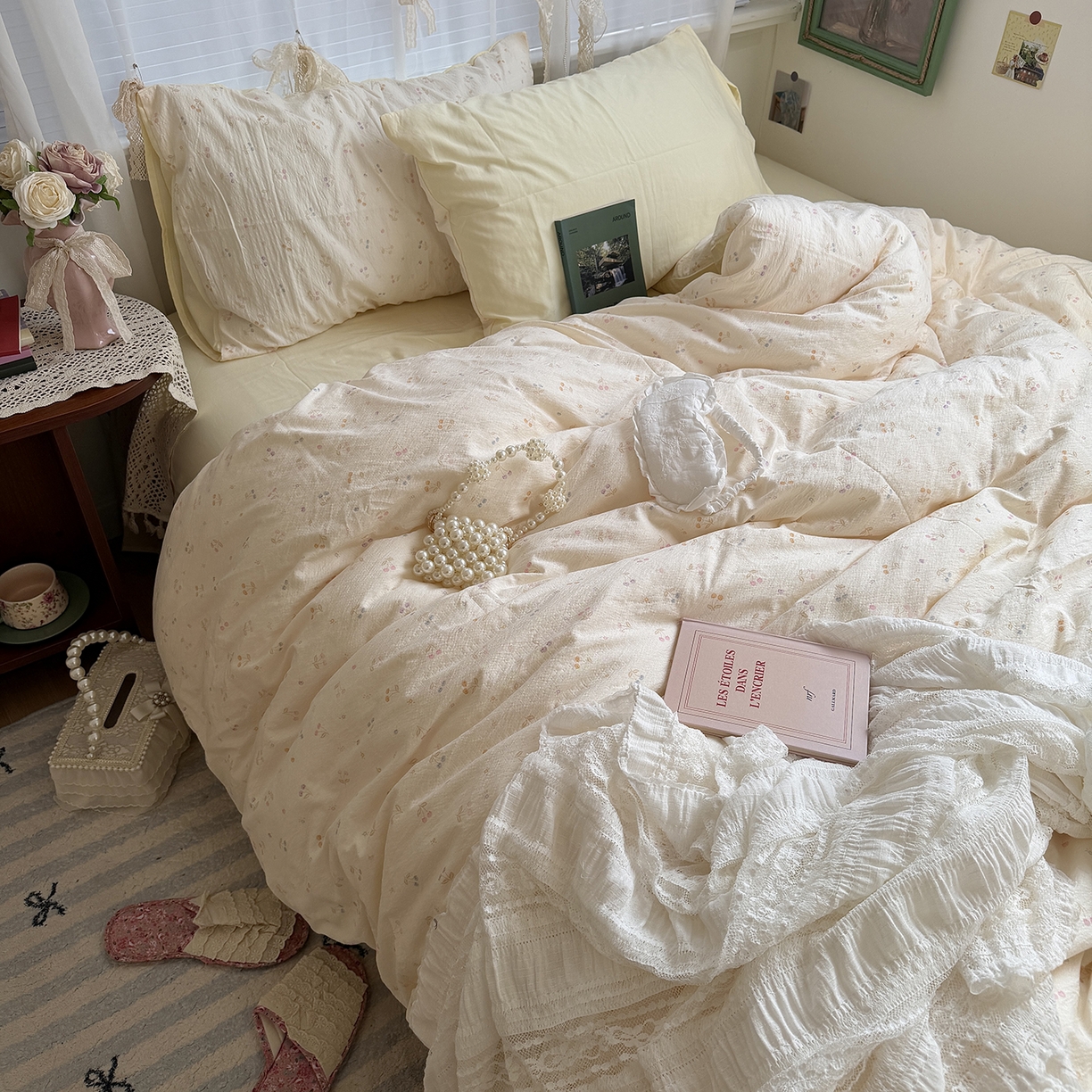 91家纺网 家纺一手货源 找家纺 原素 2026新春ins博主风双拼小碎花花卉水洗棉纱四件套 彩色樱桃